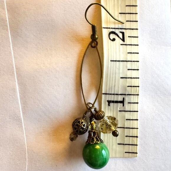 Handmade Green Gemstone & Bronze Dangle Earrings With Crystal Beads - Picture 7 of 7